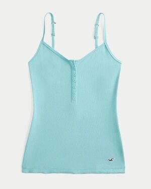 Hollister Aqua Blue Ribbed Henley Cami Tank Top XL NWT